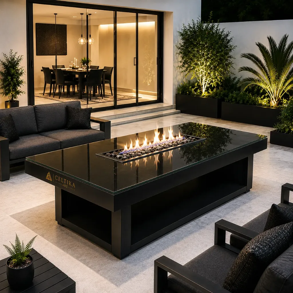 Mesa de Fuego BLACK GLASS– Firepit para Gas o Bioetanol | Ideal para Exteriores